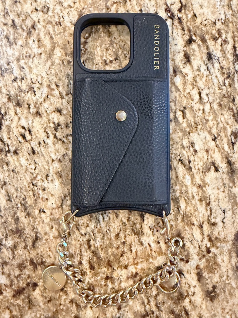 Bandolier Maya 16 pro Black Leather Wallet Phone Case with Gold Chain Strap